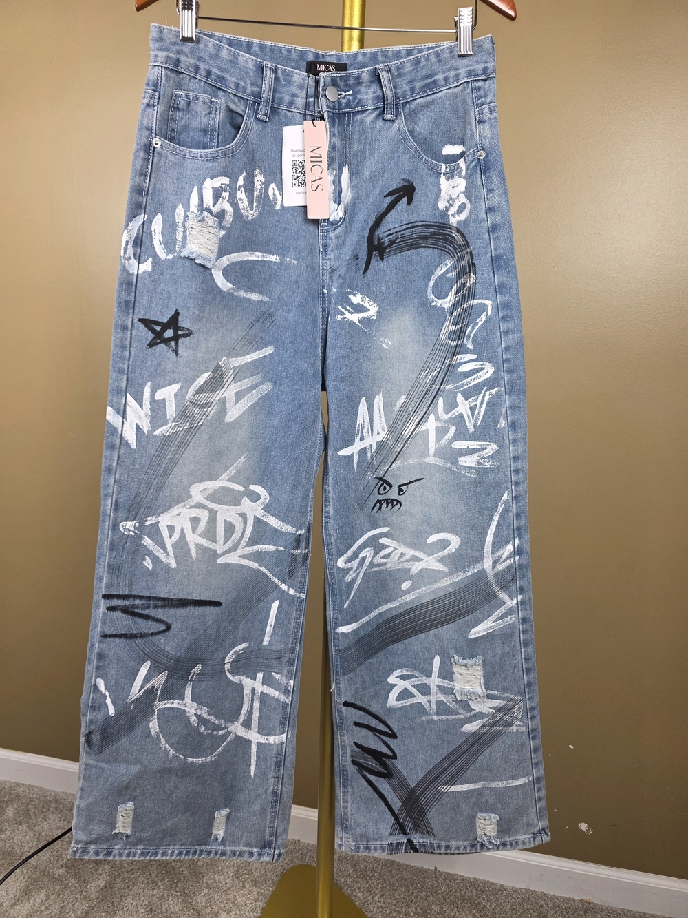 Light Denim Graffiti Wide-Leg Jeans for Women by Micas